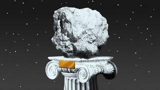 Illustration of a marble bust of an asteroid on a pedestal with stars in the background